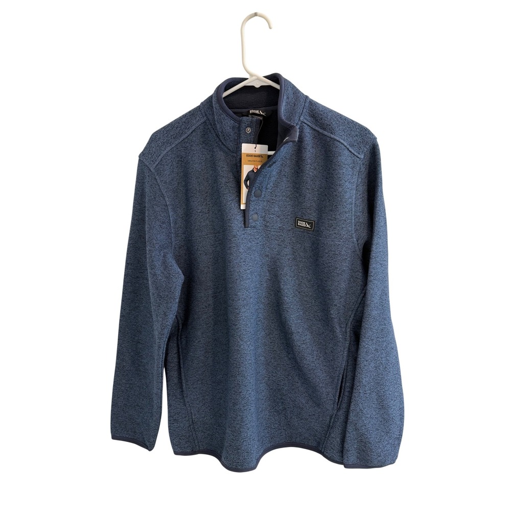 Eddie Bauer Mens Sweater Fleece Pullover Blue Heather Snap Mock Neck Small NWT